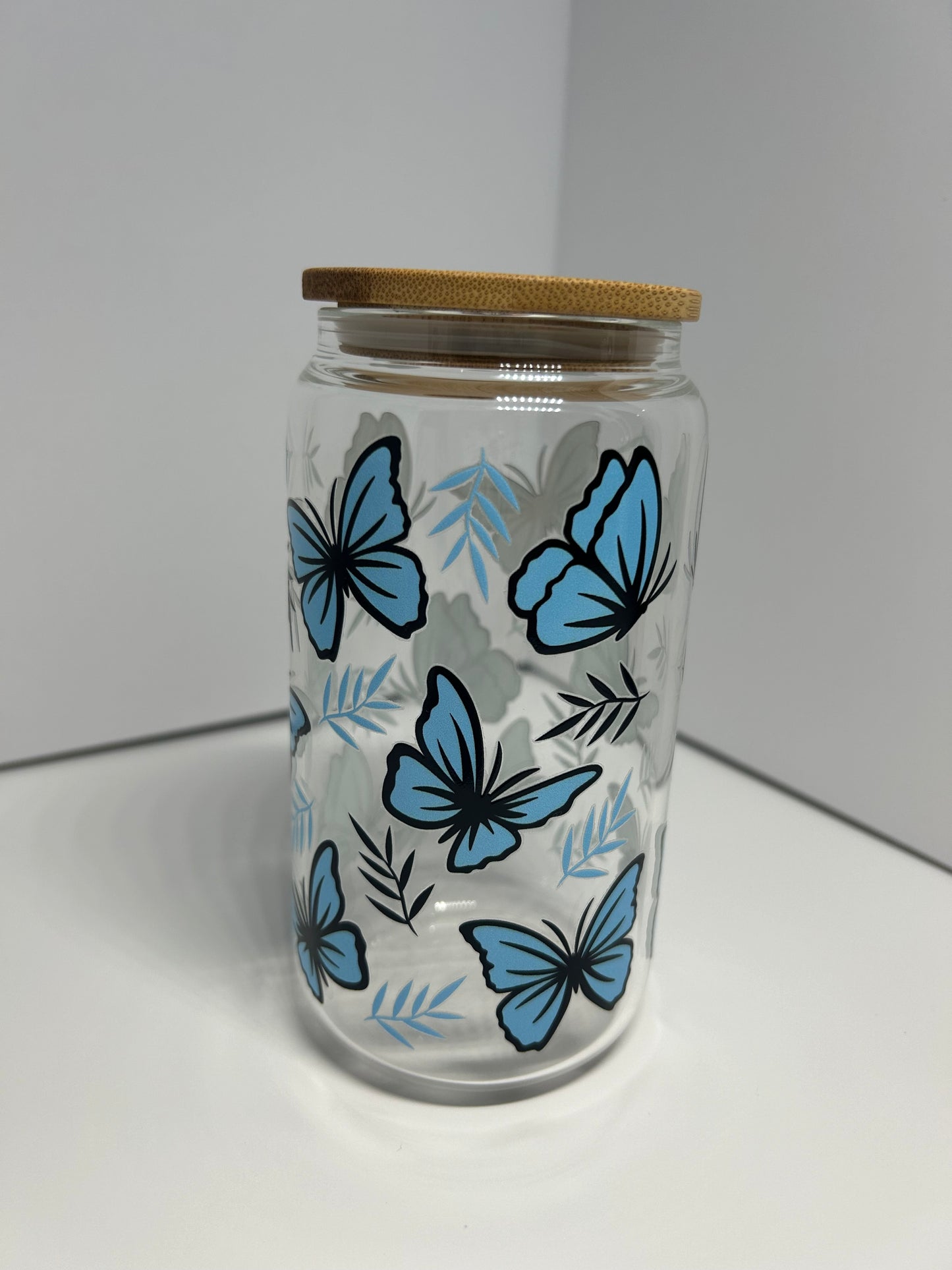 Blue butterfly 16oz glass