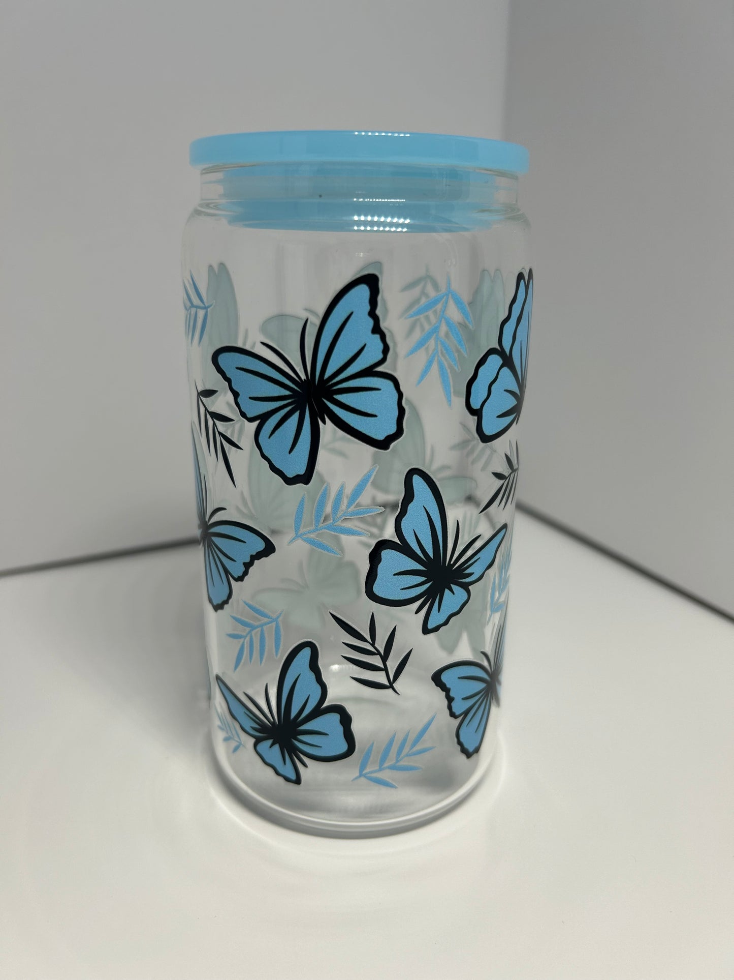 Blue butterfly 16oz glass