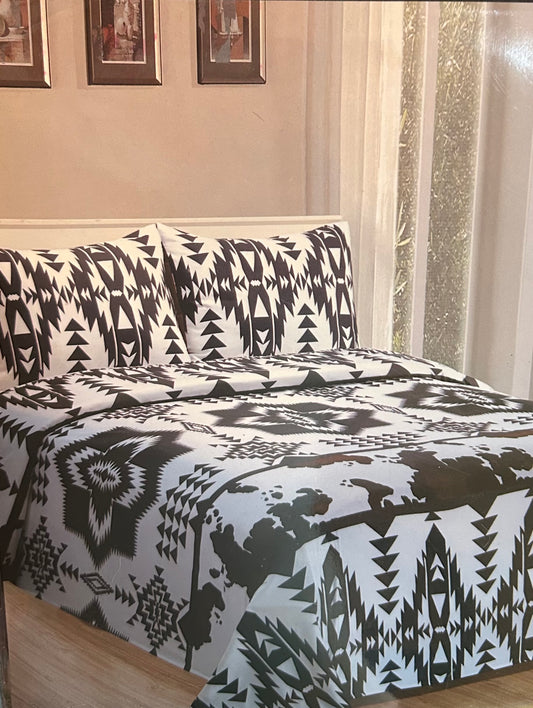 Black and white cow/aztec print king sheet set