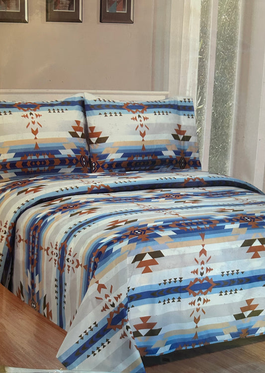 Blue aztec print King sheet set
