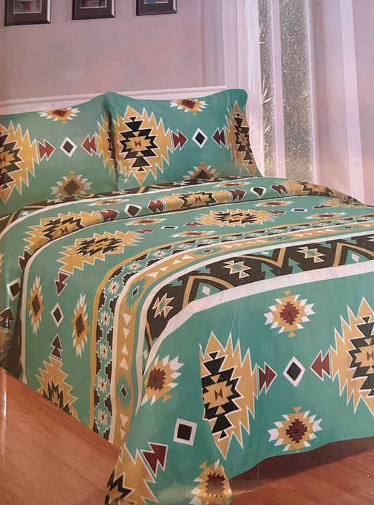Green aztec print King sheet set
