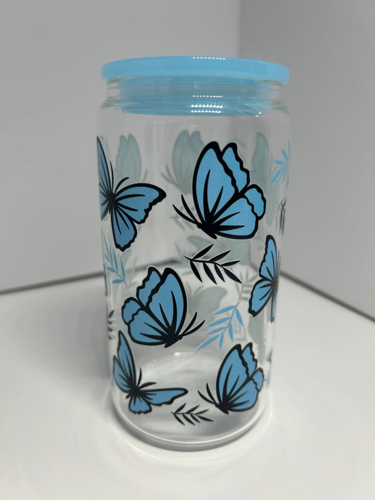 Blue butterfly 16oz glass